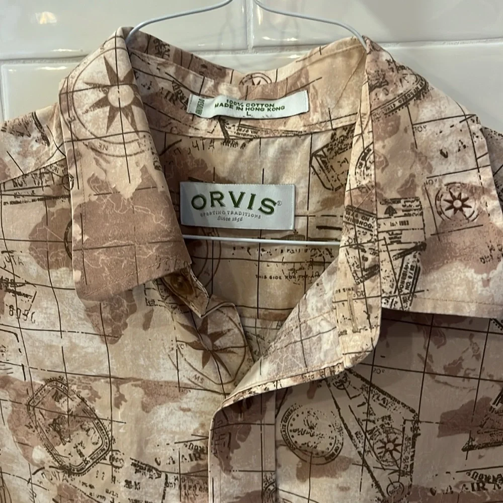Vintage Orvis Camp Shirt Aviation Print Large Mail Passport Stamp World Map - Picture 2 of 7